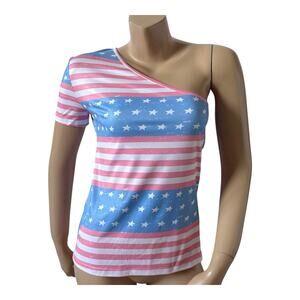 EMERY ROSE Womens Size Small One Shoulder July 4 Patriotic Flag Shirt Top